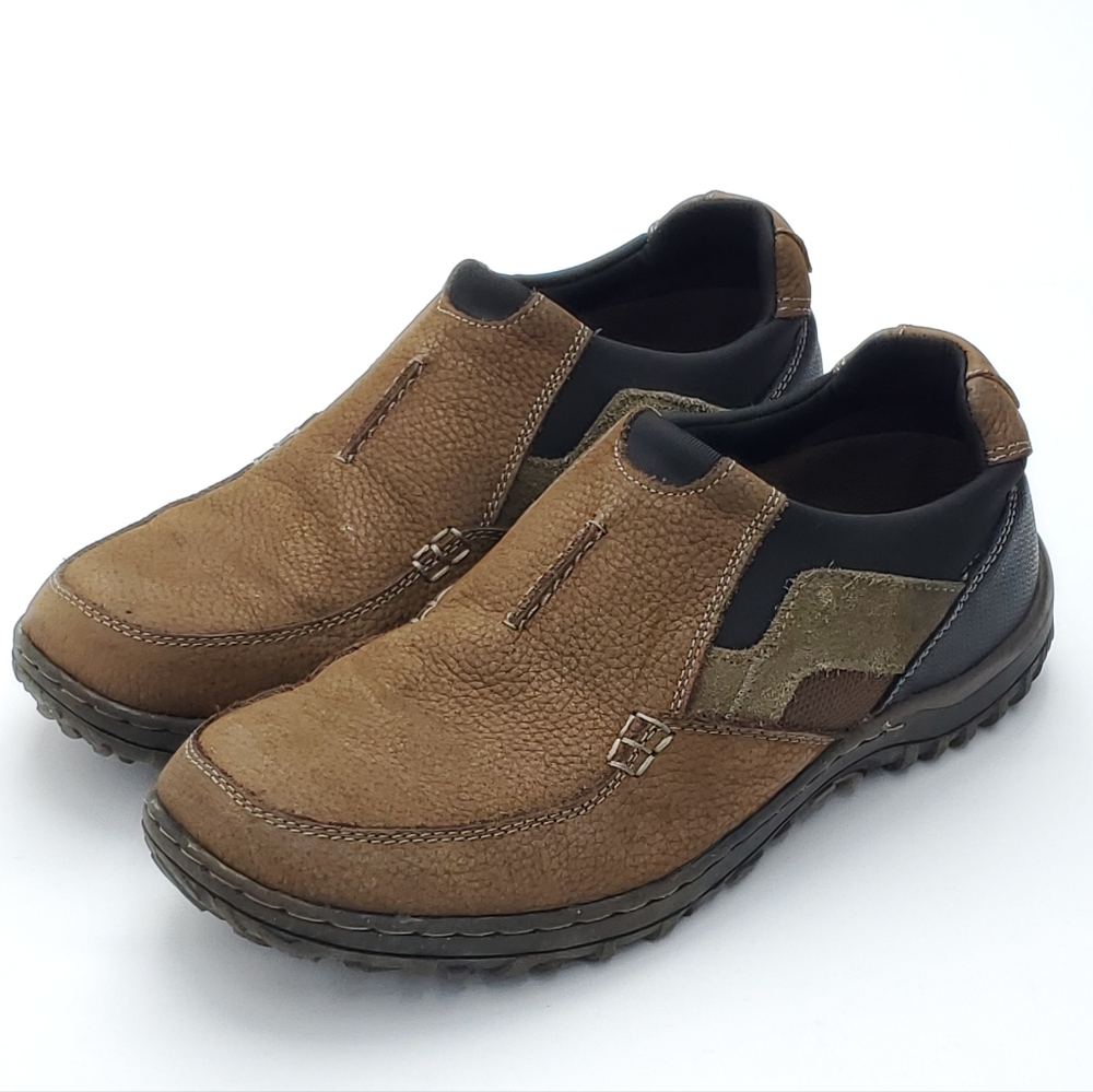 Nunn Bush Men’s Tan/Brown Black Leather Quest Slip On Shoes Moc Toe Loafers Sz 9